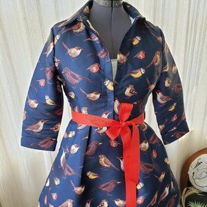 Blue dress with birds and tulle underskirt